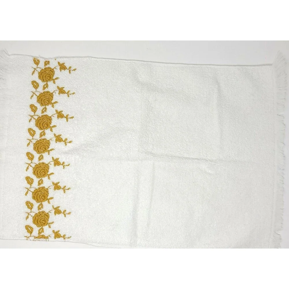 Vintage Dundee Towel Set White Gold Roses Embroidered Made In USA Hair Hand